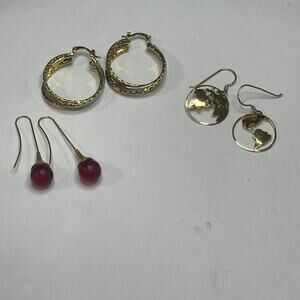set of three earrings gold tone dangle drop one looks like globe world hoops